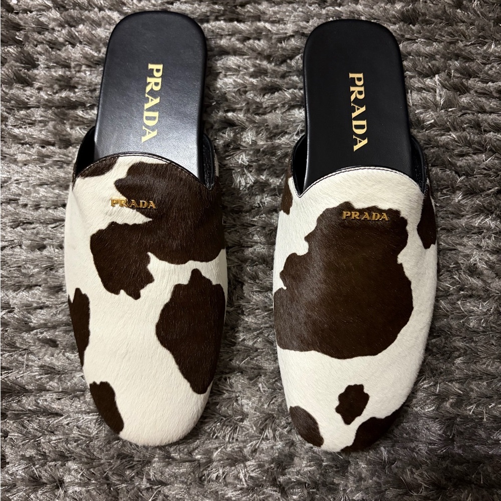 Prada Brown & White Cow-Print Calf-Hair Slide Mules